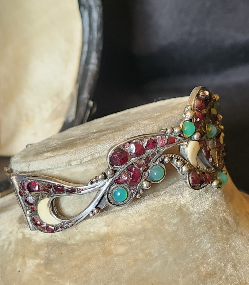 Bracelet En Argent, Grenat, Chrysoprase Et Email 19 ème Siècle -photo-2