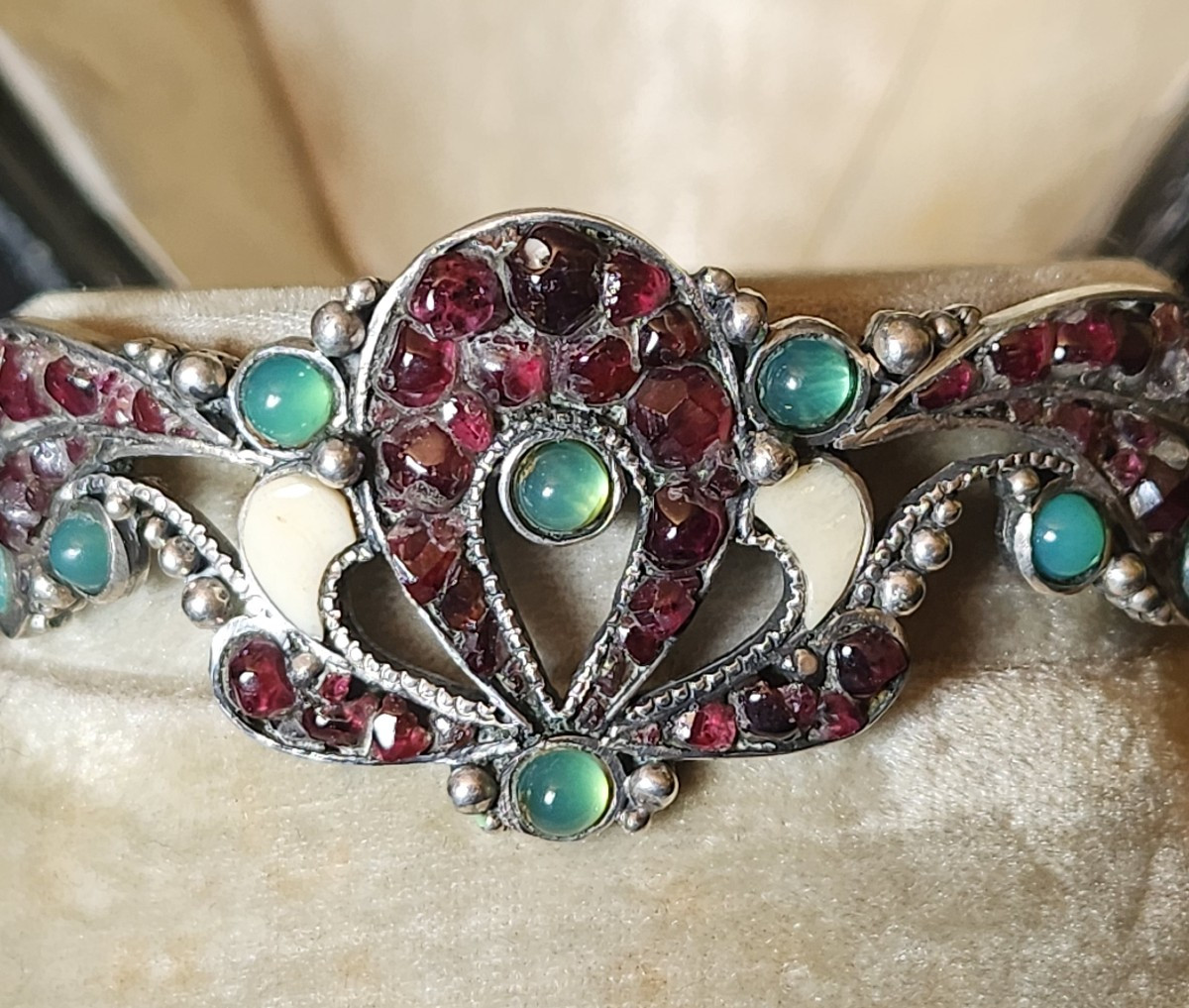 Bracelet En Argent, Grenat, Chrysoprase Et Email 19 ème Siècle -photo-1