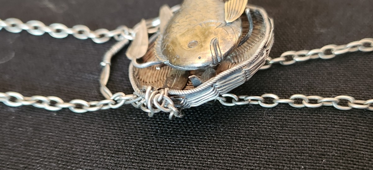 Collier en argent japonisant poisson dans un panier vers 1900-photo-4
