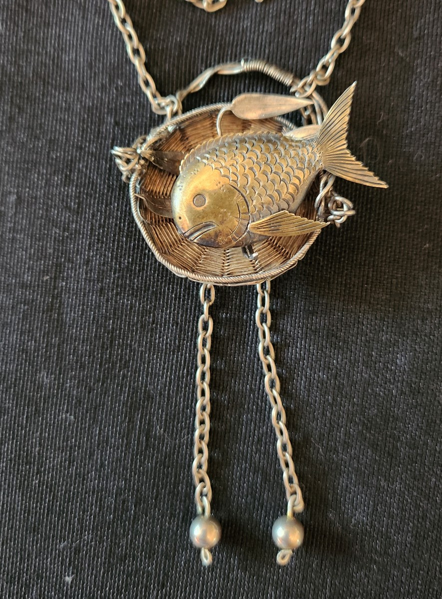 Collier en argent japonisant poisson dans un panier vers 1900-photo-2