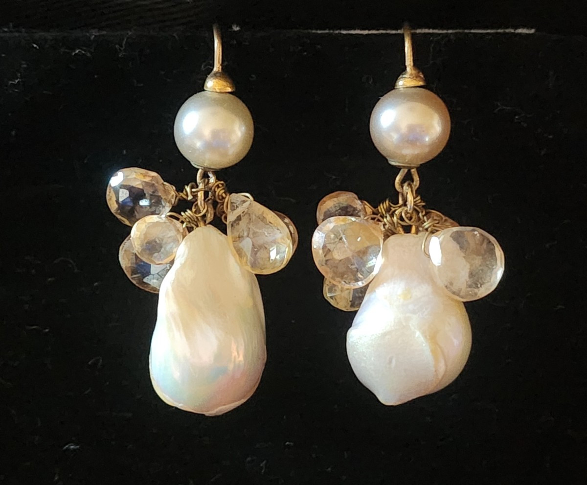 Paire de boucle d oreille en vermeil,  perle baroque et  citrine-photo-3