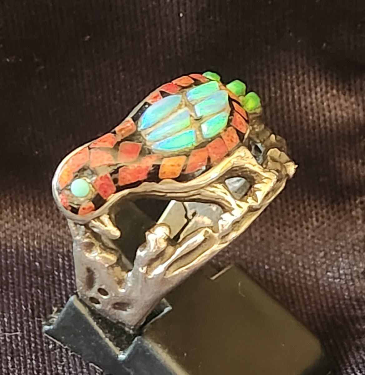 Bague  oiseau en argent et marqueterie de pierres-photo-2
