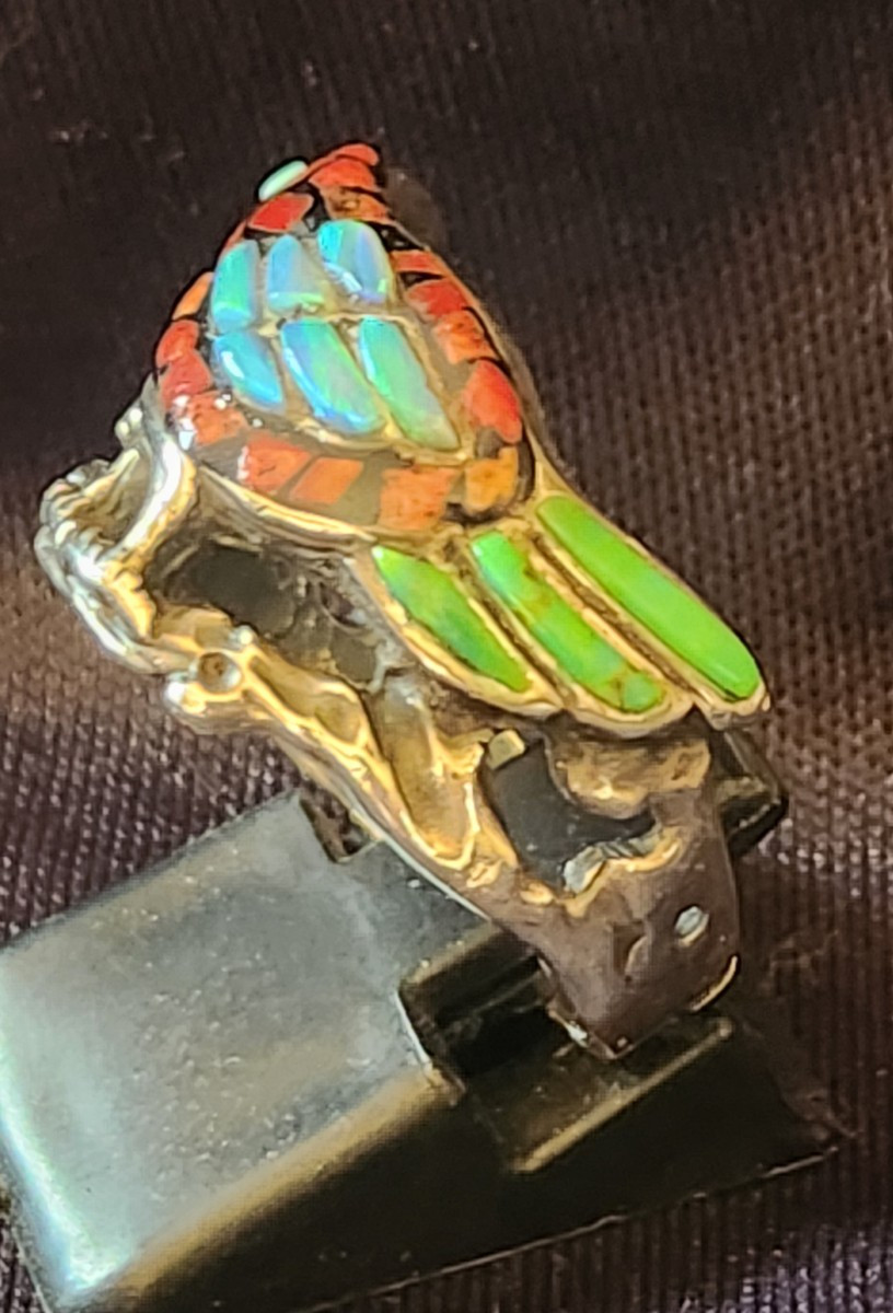 Bague  oiseau en argent et marqueterie de pierres-photo-3