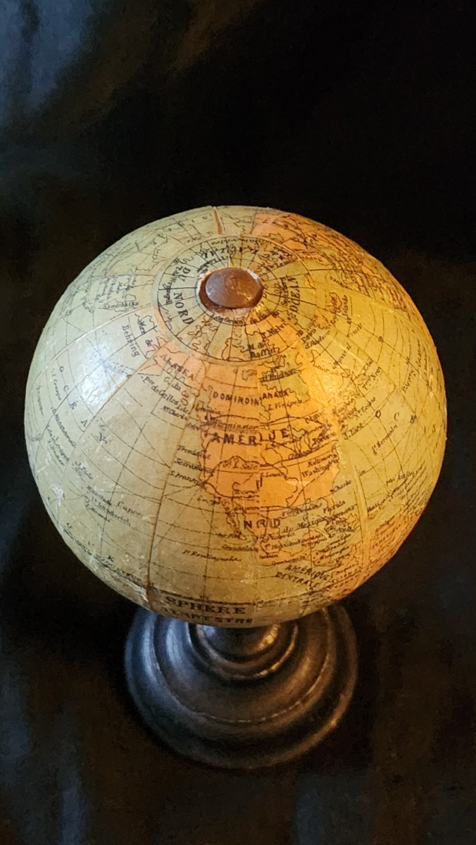 Small Terrestrial Globe On Blackened Wood, Early 20th Century -photo-2