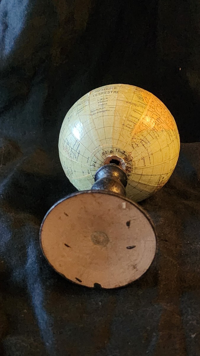 Small Terrestrial Globe On Blackened Wood, Early 20th Century -photo-3