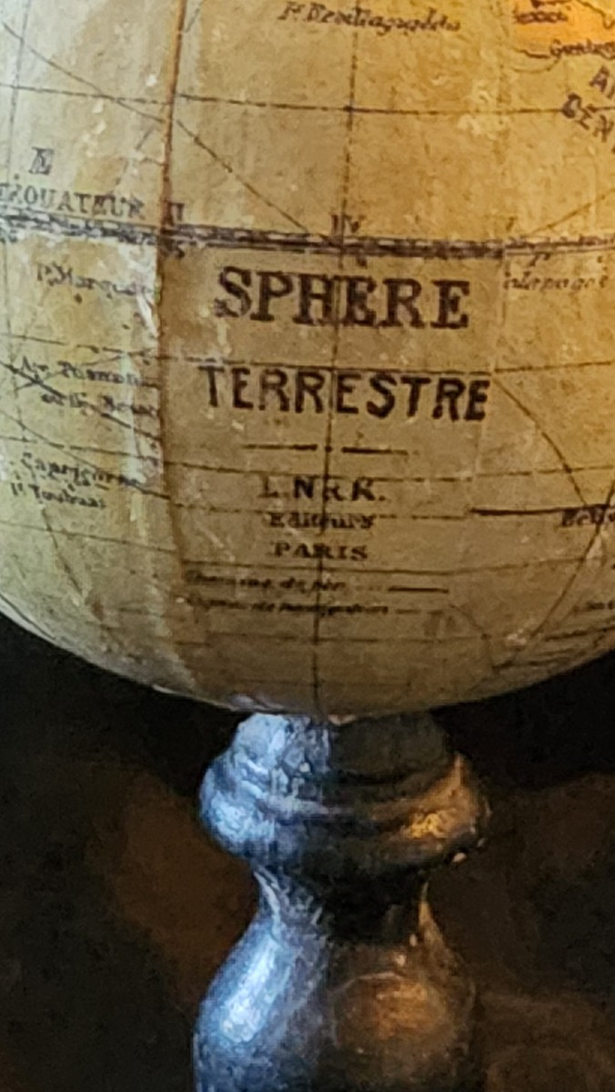 Small Terrestrial Globe On Blackened Wood, Early 20th Century -photo-4