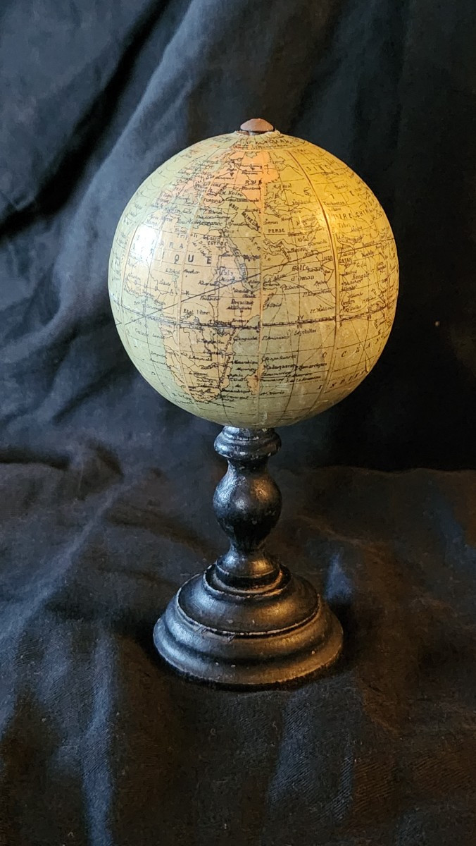 Small Terrestrial Globe On Blackened Wood, Early 20th Century 
