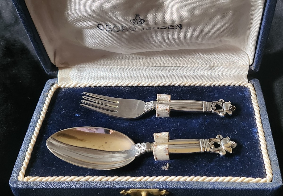 Georg Jensen ciuvert d enfant en argent dans leur ecrin vers 1920-photo-2