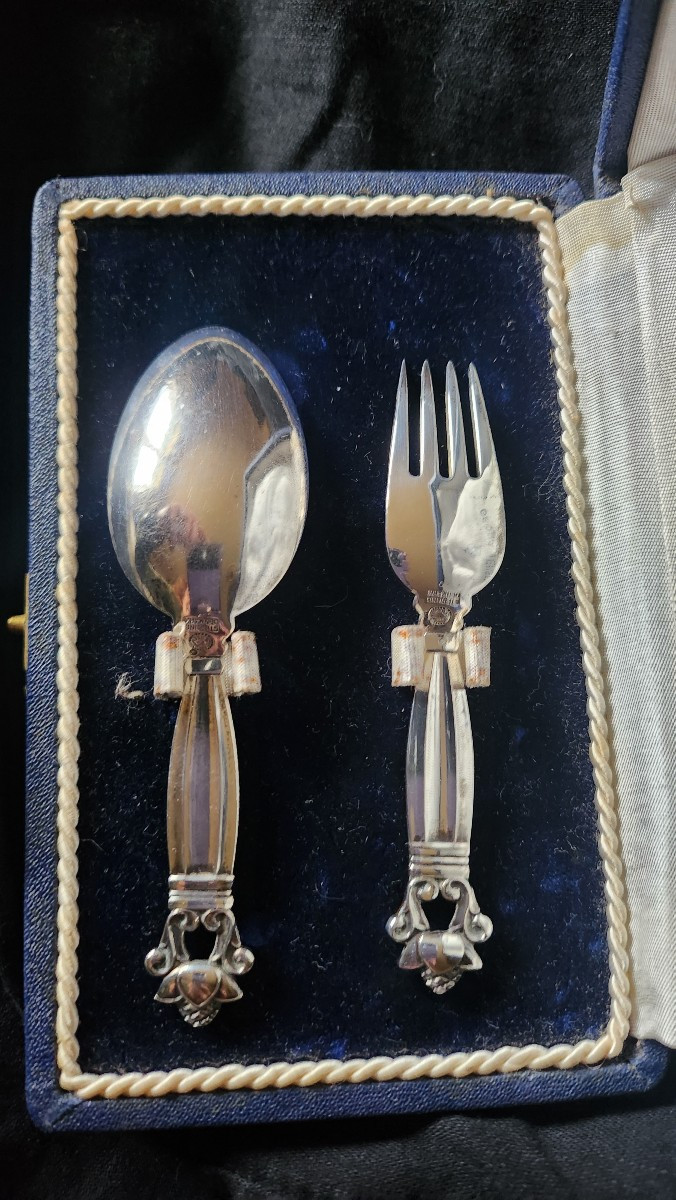 Georg Jensen ciuvert d enfant en argent dans leur ecrin vers 1920-photo-3