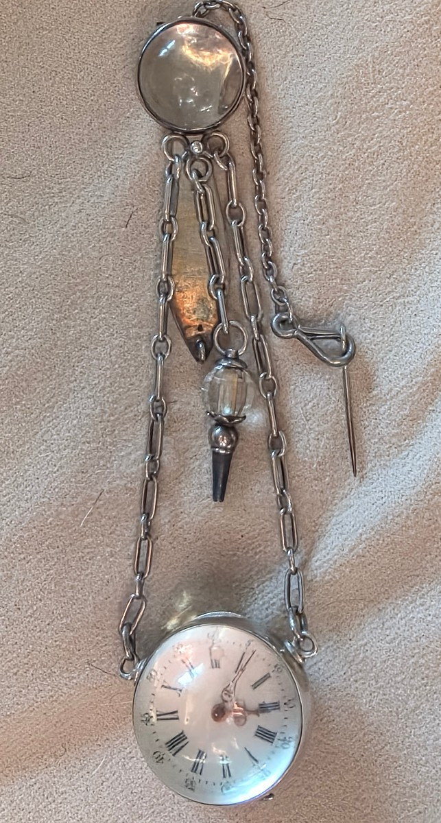 Chatelaine et sa montre loupe en cristal et argent 19 eme