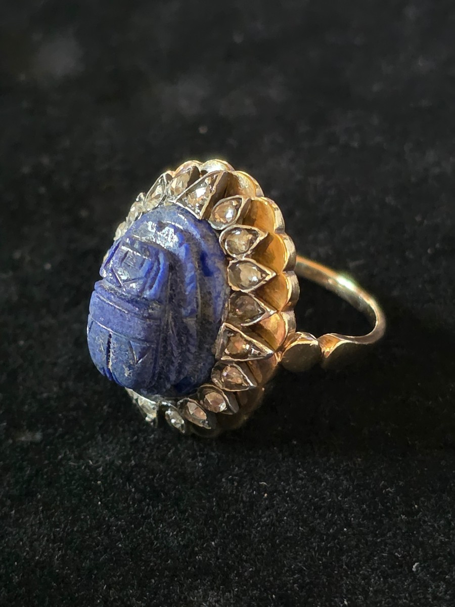 Scarab Ring In Lapis Lazuli, Diamonds And Gold, 19th Century-photo-2