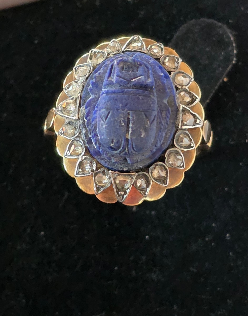 Scarab Ring In Lapis Lazuli, Diamonds And Gold, 19th Century-photo-4