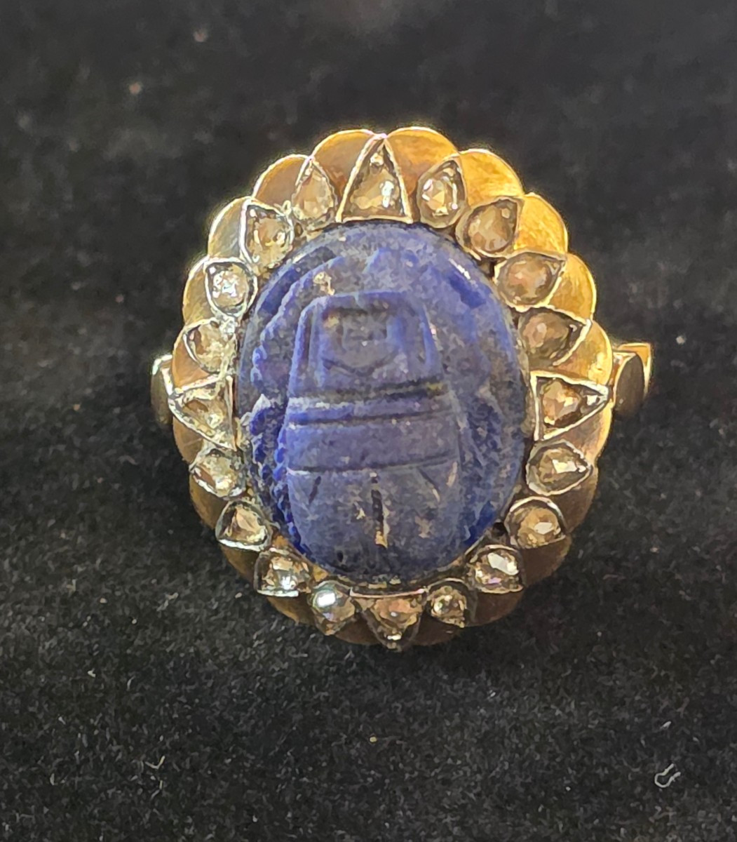 Scarab Ring In Lapis Lazuli, Diamonds And Gold, 19th Century-photo-3