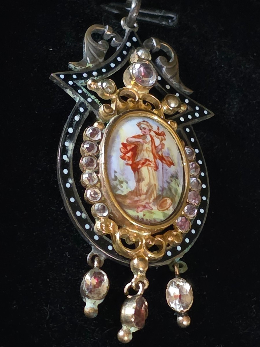 Pendentif miniature emaillee sur cuivre 19 eme siecle-photo-2