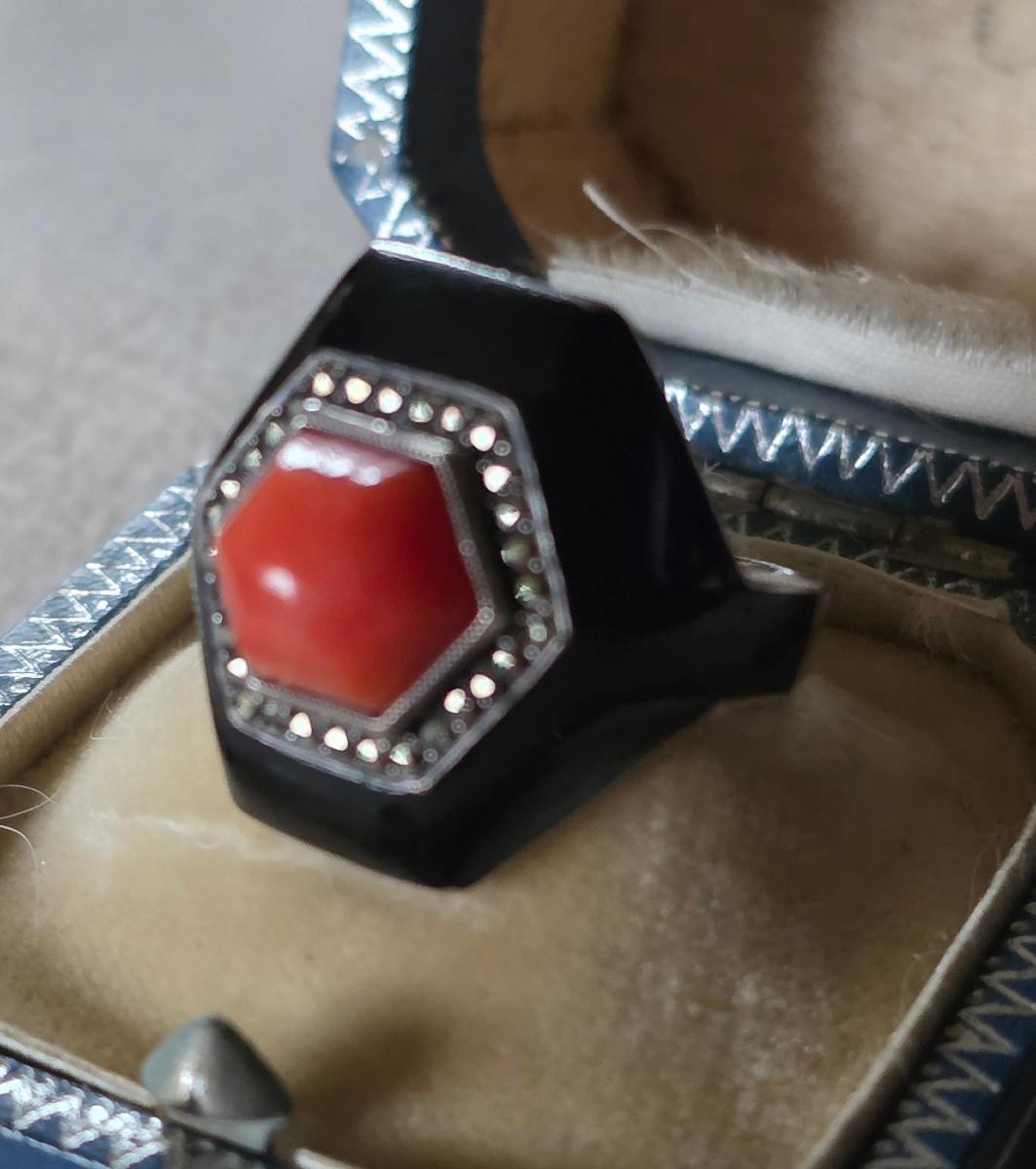 Bague en argent laque noir et corail  1930-photo-2