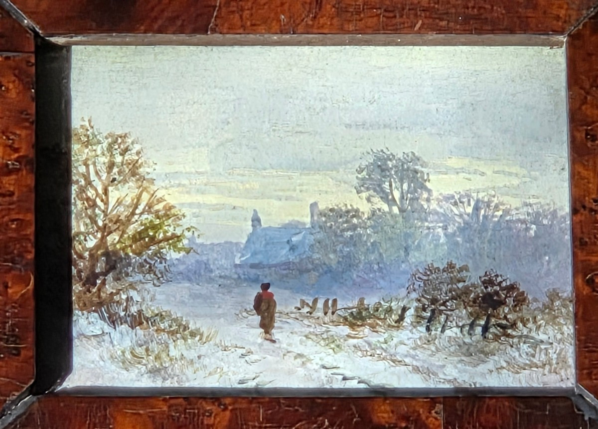 Miniature paysage enneige gouache fin 19 eme