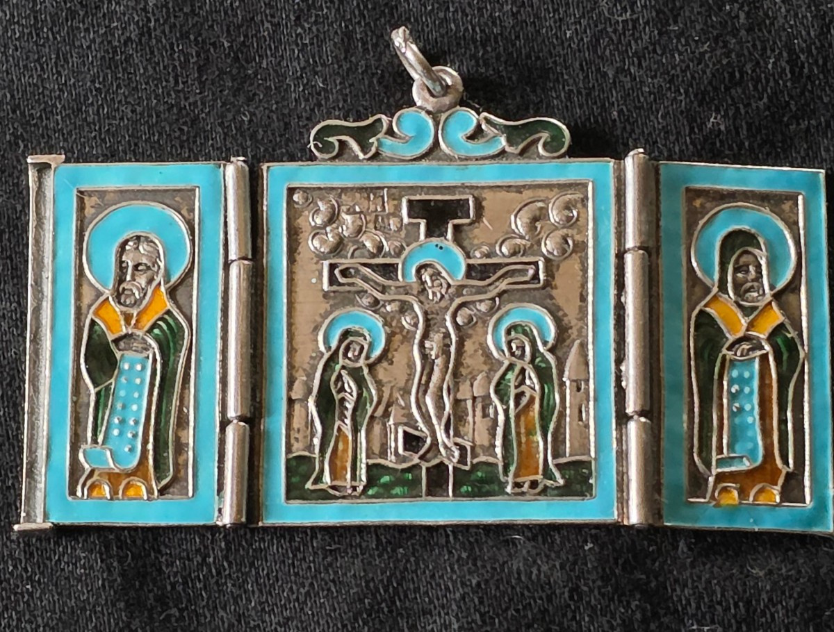 Pendentif icone miniature en argent emaille