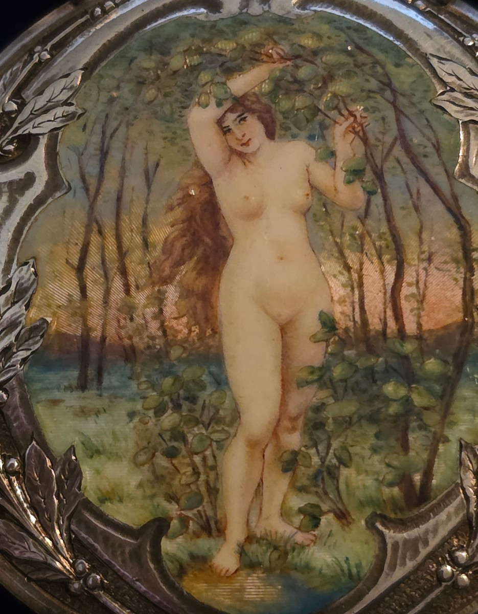 Enamelled Silver Pendant Of A Woman In A Clearing And Her Art Nouveau Sautoir Necklace-photo-3