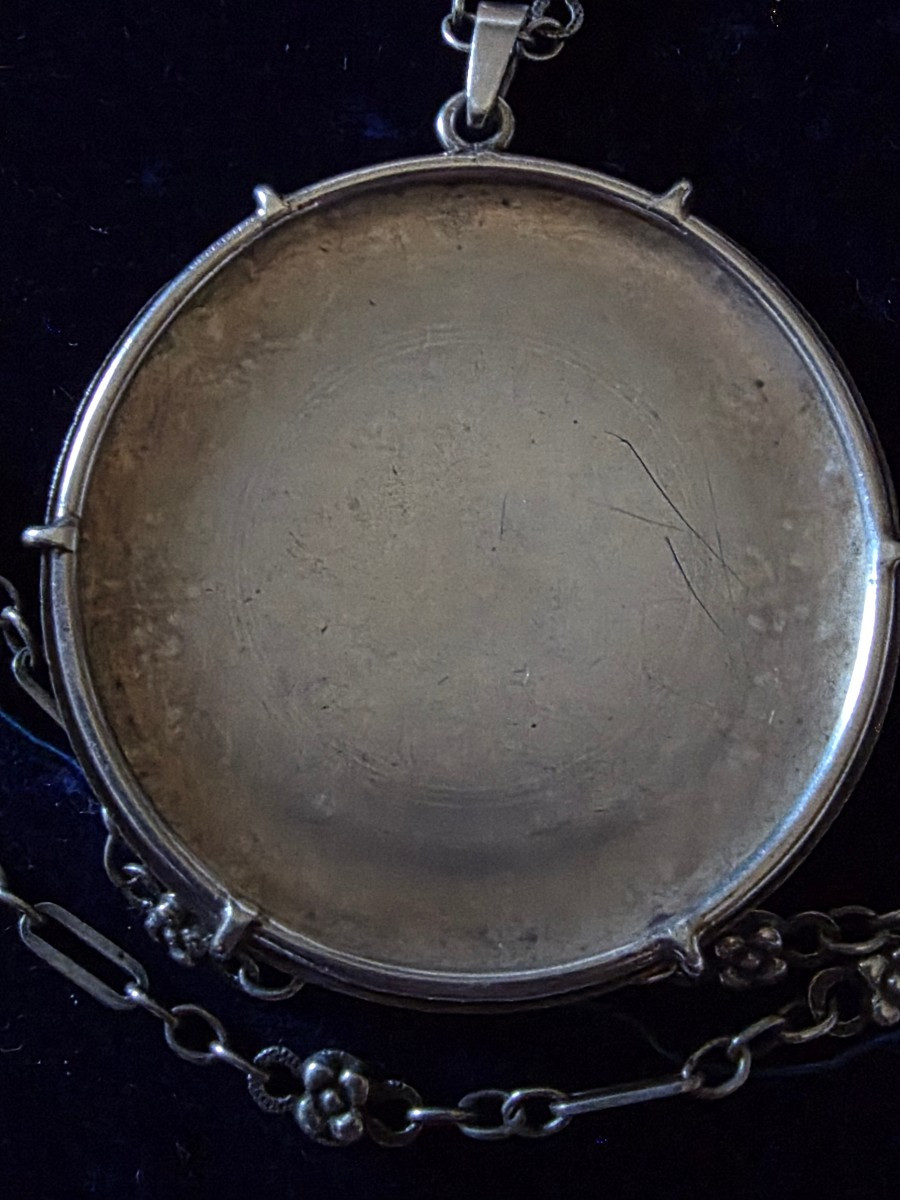 Enamelled Silver Pendant Of A Woman In A Clearing And Her Art Nouveau Sautoir Necklace-photo-4