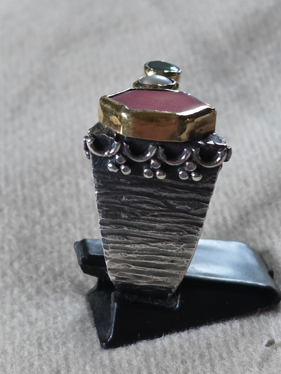 Silver Ring With Coral, Pearl And Chrysoprase-photo-3