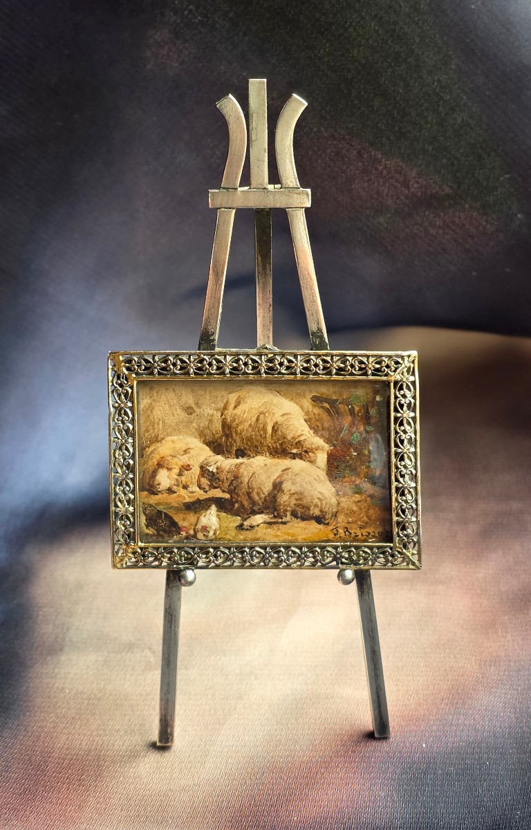 Chevalet en argent et tableau  miniature de franck Brissot19 eme siecle
