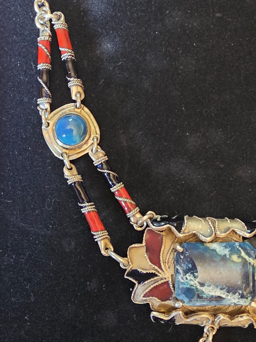 Collier en argent laqué et pierre vers 1900-photo-3