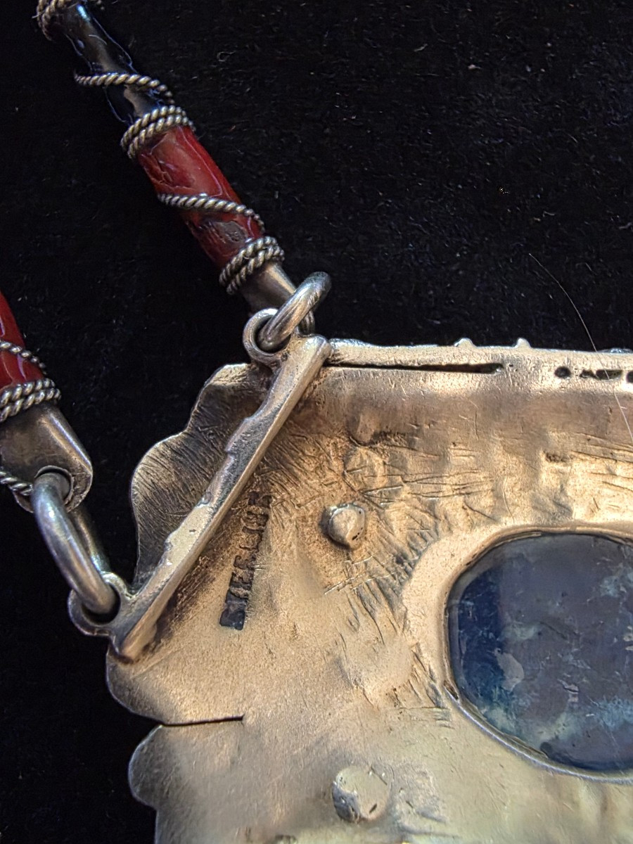 Collier en argent laqué et pierre vers 1900-photo-1