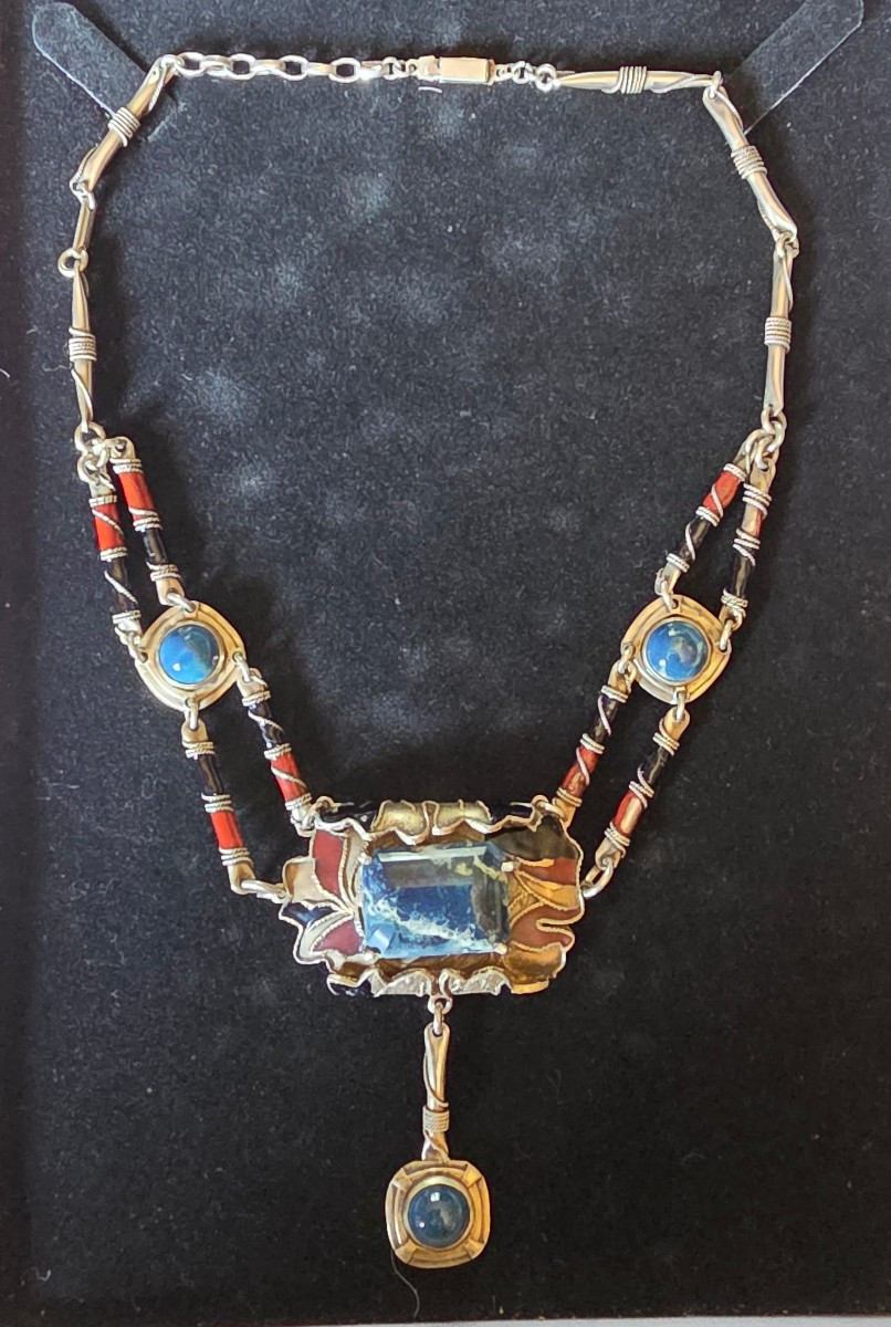 Collier en argent laqué et pierre vers 1900-photo-5