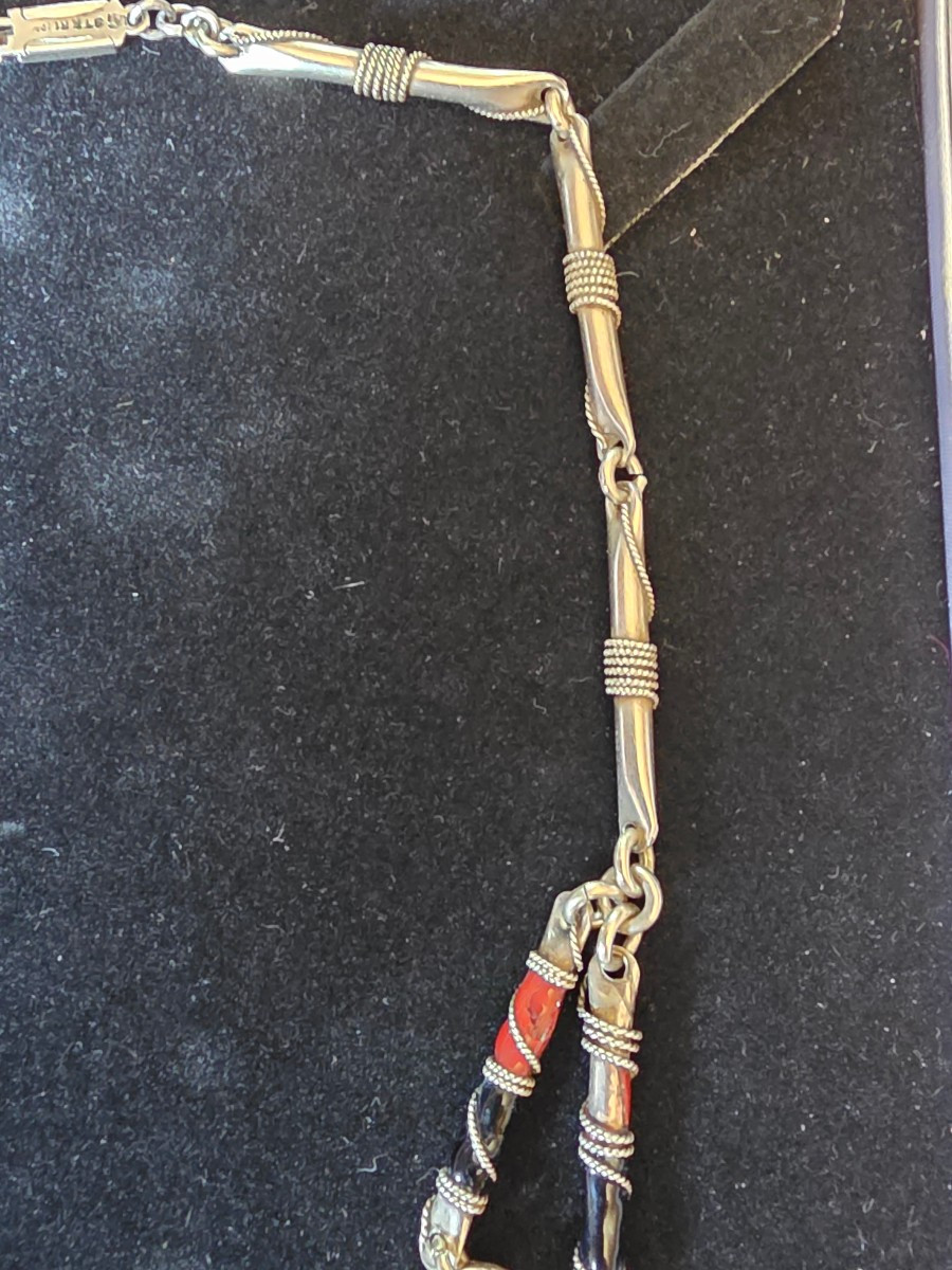 Collier en argent laqué et pierre vers 1900-photo-4