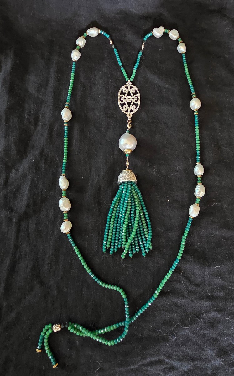 Long Necklace In Silver, Pearls And Agates