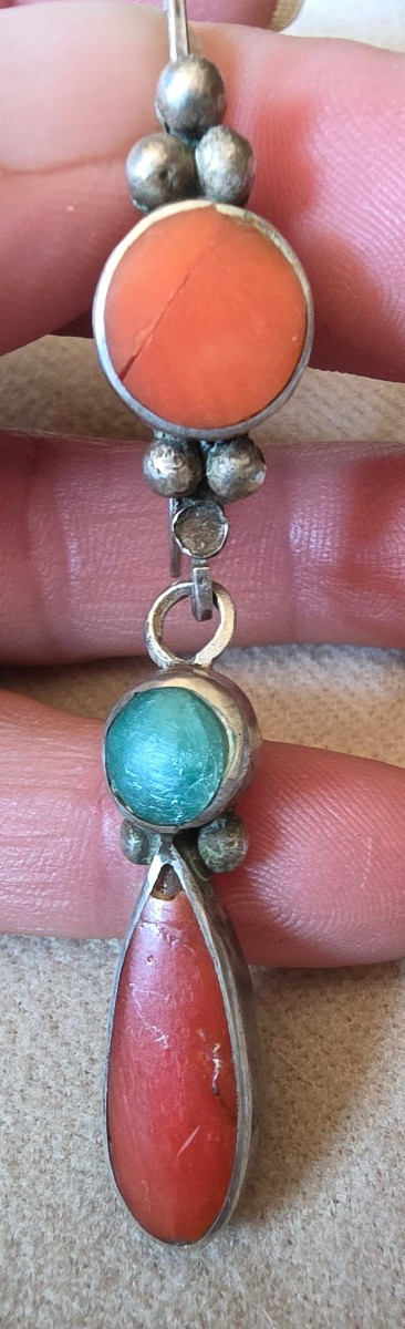 Paire boucke d oreille corail  et turquoise tibet debut 20 ème siècle -photo-4