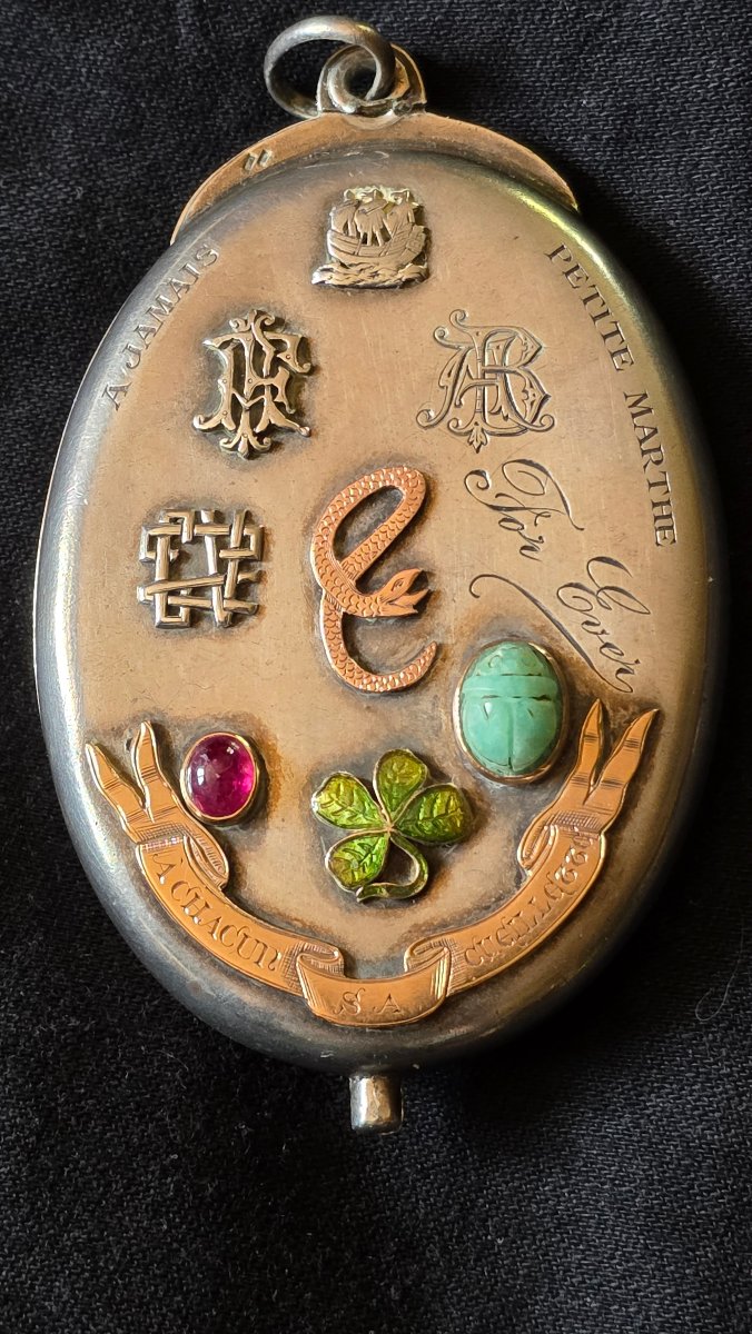 Medaillon sentimental en argent, or et pierres 19 ème 
