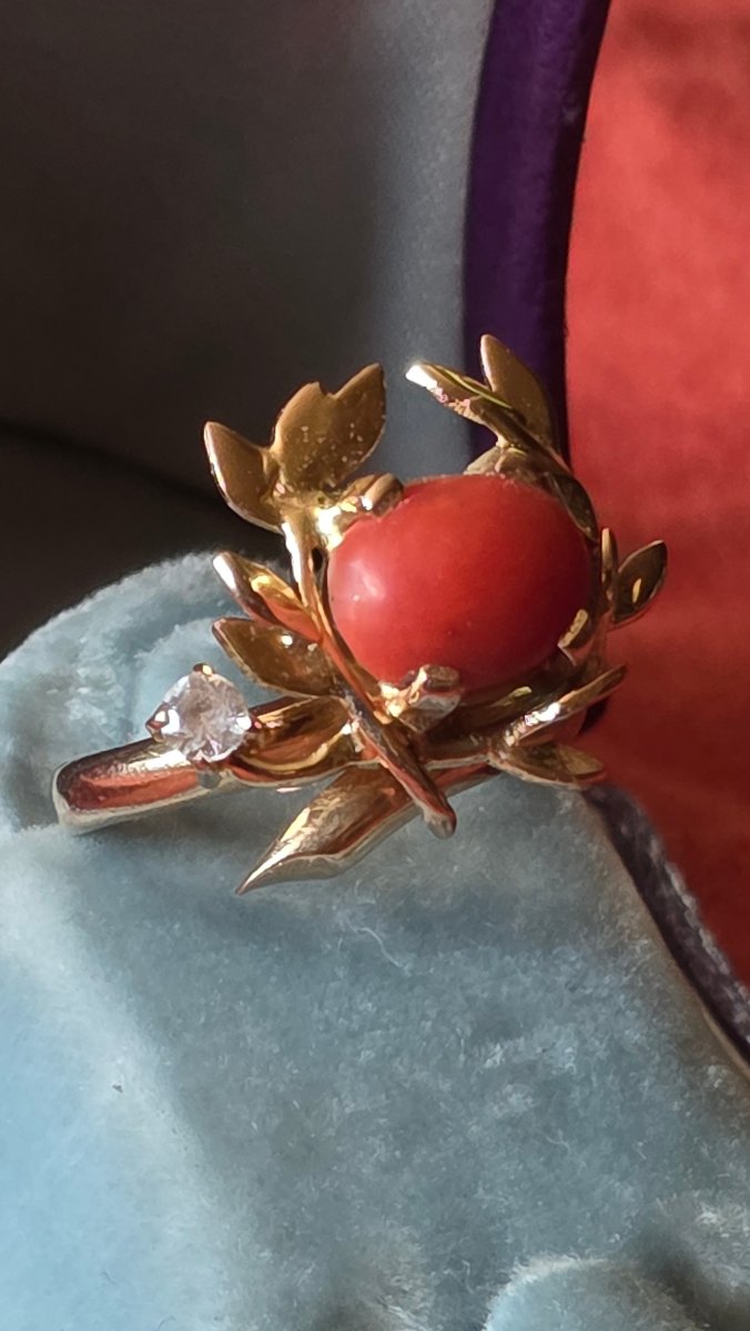 Bague couronne de feuilles or et corail-photo-2
