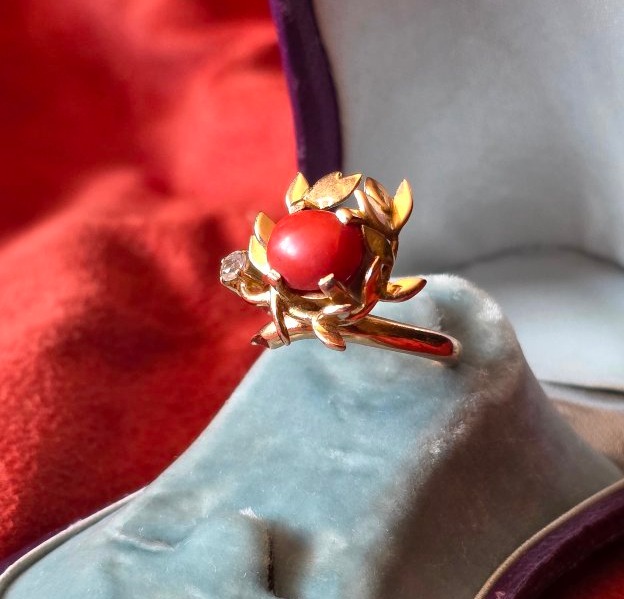 Bague couronne de feuilles or et corail-photo-3