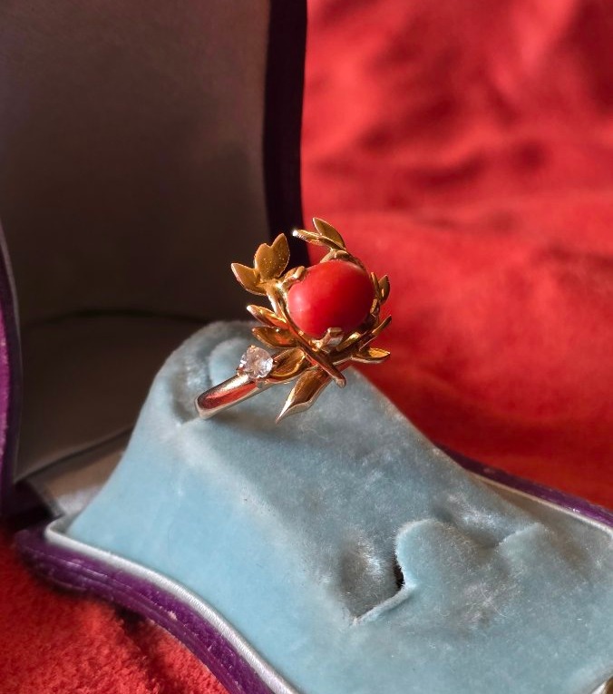 Bague couronne de feuilles or et corail-photo-4