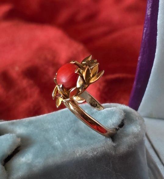 Bague couronne de feuilles or et corail-photo-1