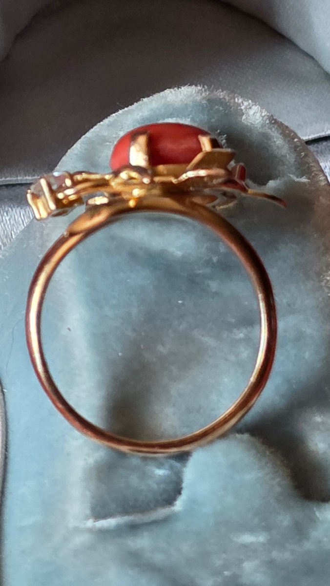 Bague couronne de feuilles or et corail-photo-2