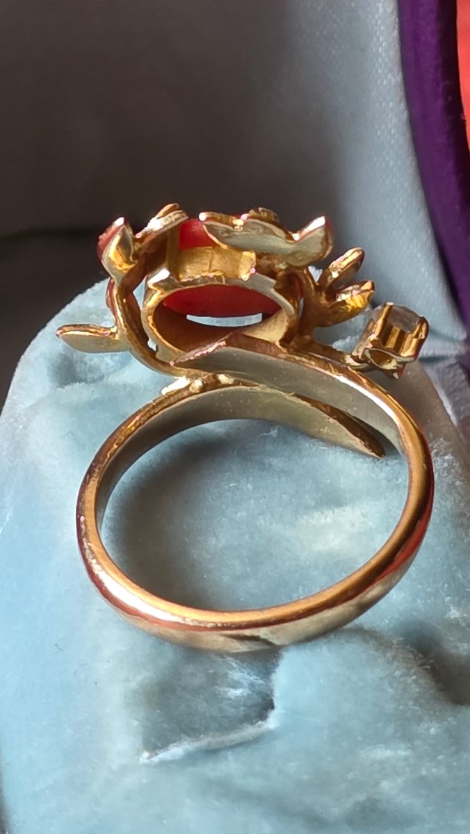 Bague couronne de feuilles or et corail-photo-3