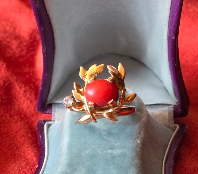Bague couronne de feuilles or et corail-photo-4