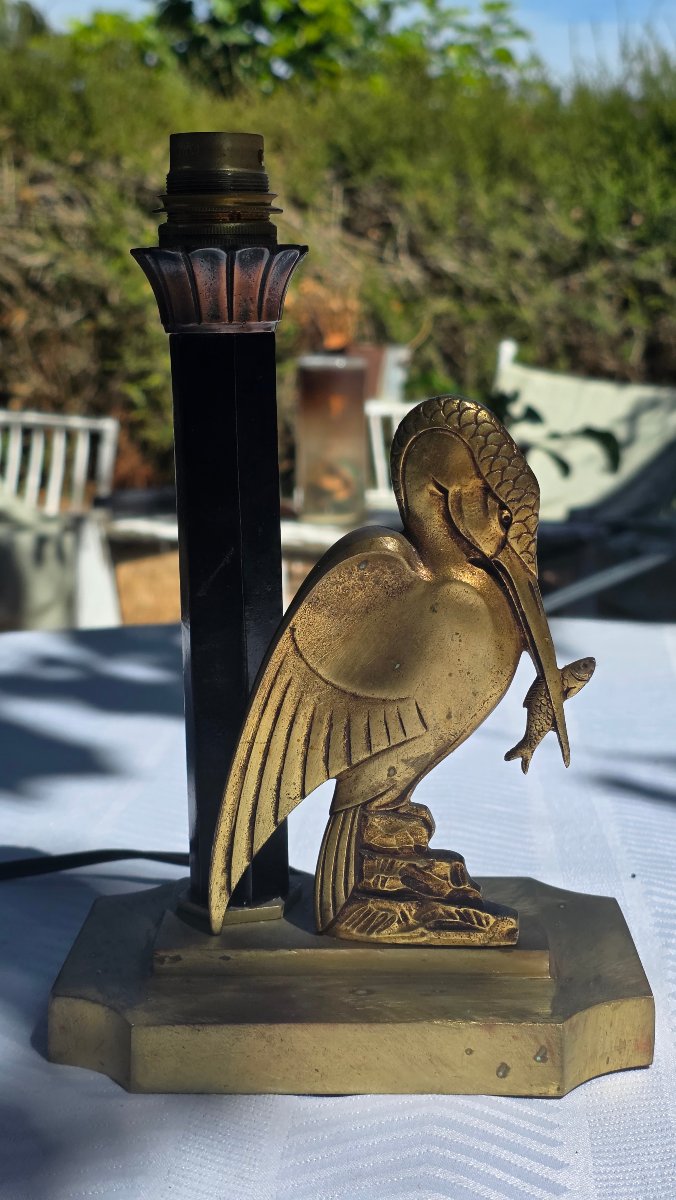 Art Deco-style Bronze Lamp Featuring A Fisherman And A Fish