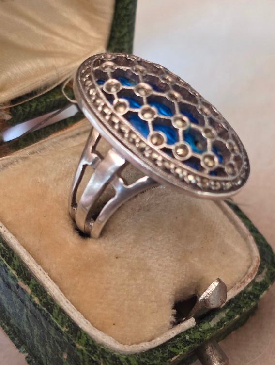 Silver Ring With Guilloché Enamel And Marcasite, 19th Century -photo-2