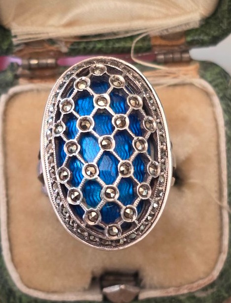Silver Ring With Guilloché Enamel And Marcasite, 19th Century -photo-2