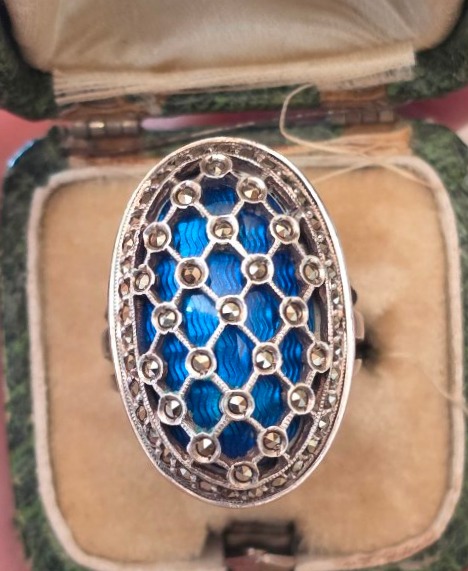 Silver Ring With Guilloché Enamel And Marcasite, 19th Century 