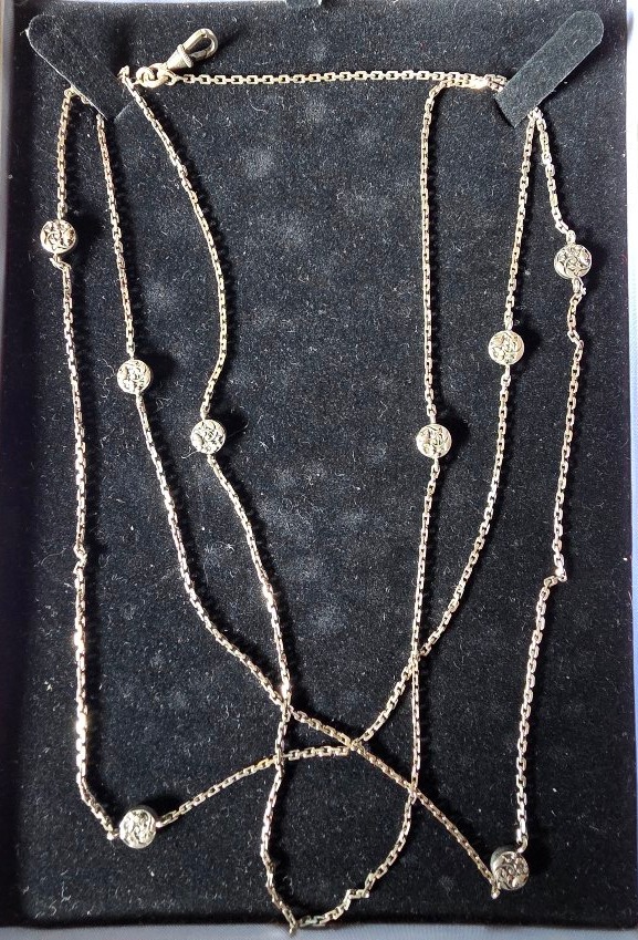 Silver Long Necklace With Flower Medallions, Circa 1900-photo-2