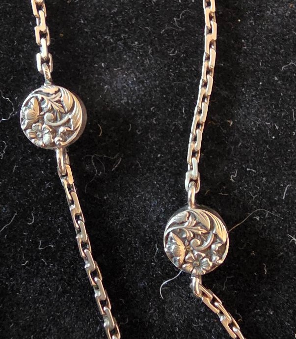 Silver Long Necklace With Flower Medallions, Circa 1900-photo-3
