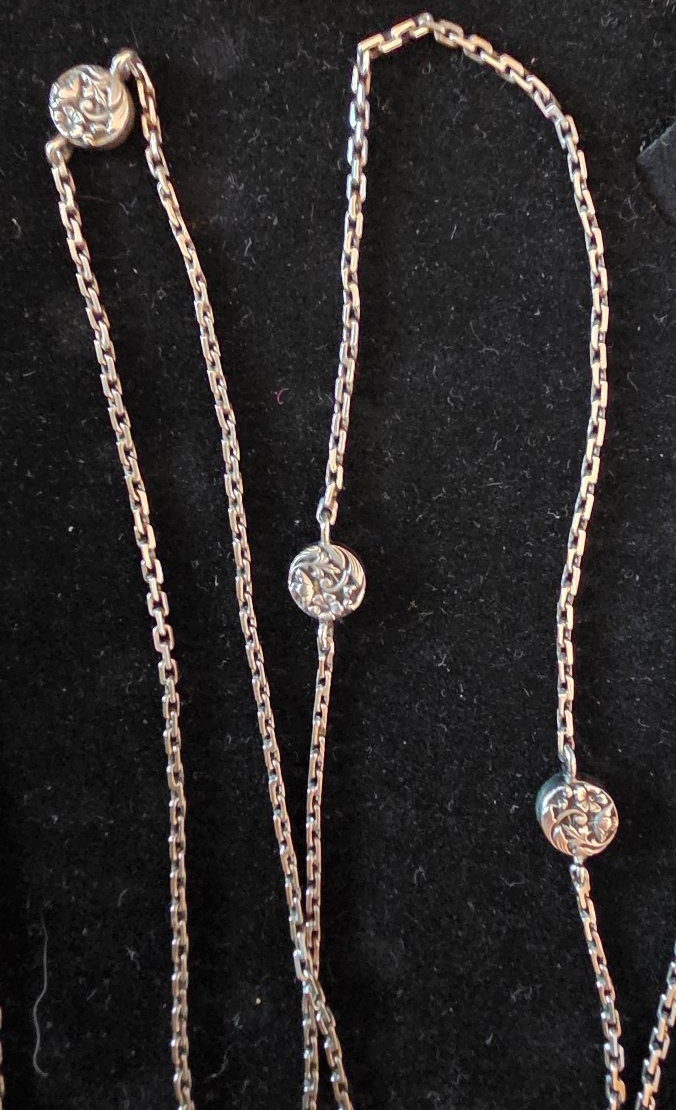 Silver Long Necklace With Flower Medallions, Circa 1900-photo-4