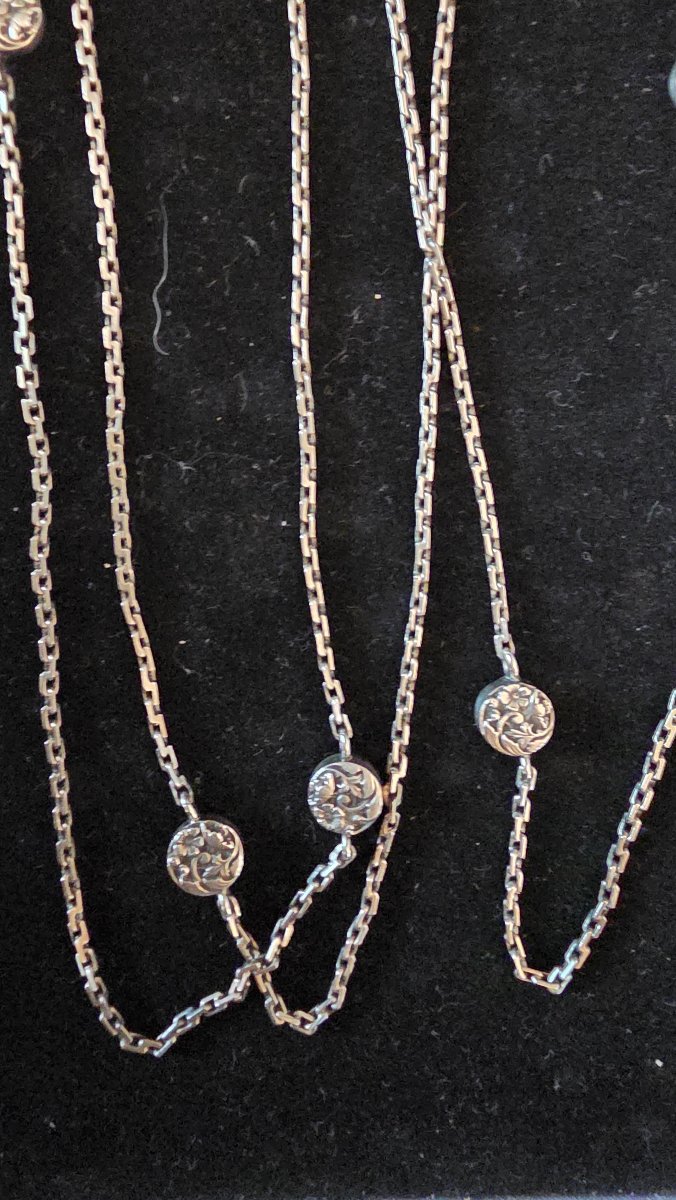 Silver Long Necklace With Flower Medallions, Circa 1900-photo-1