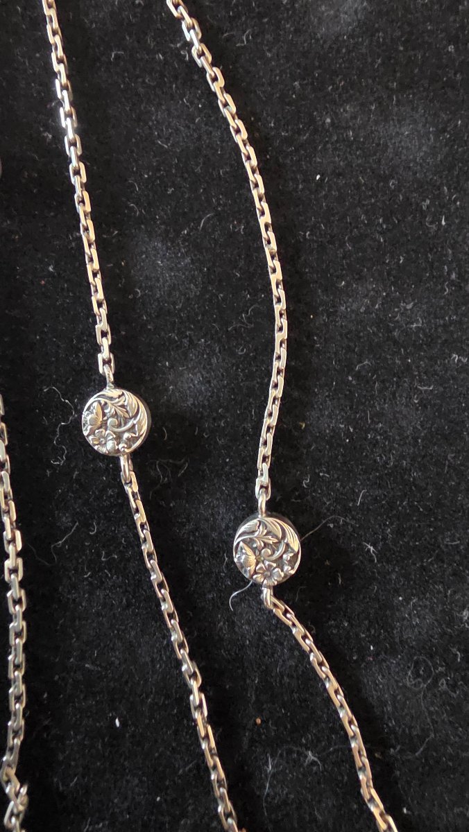 Silver Long Necklace With Flower Medallions, Circa 1900-photo-3