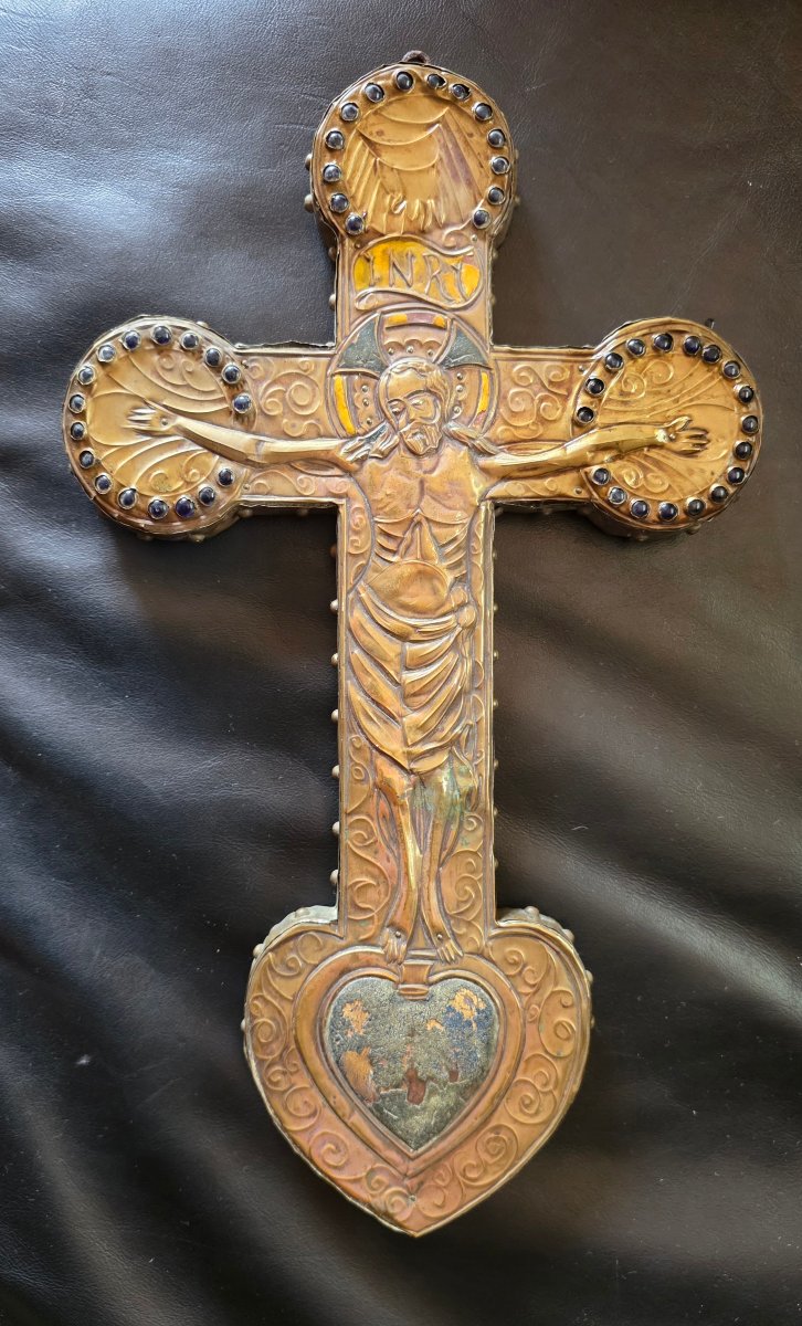 Enameled Copper Cross And Glass Cabochons