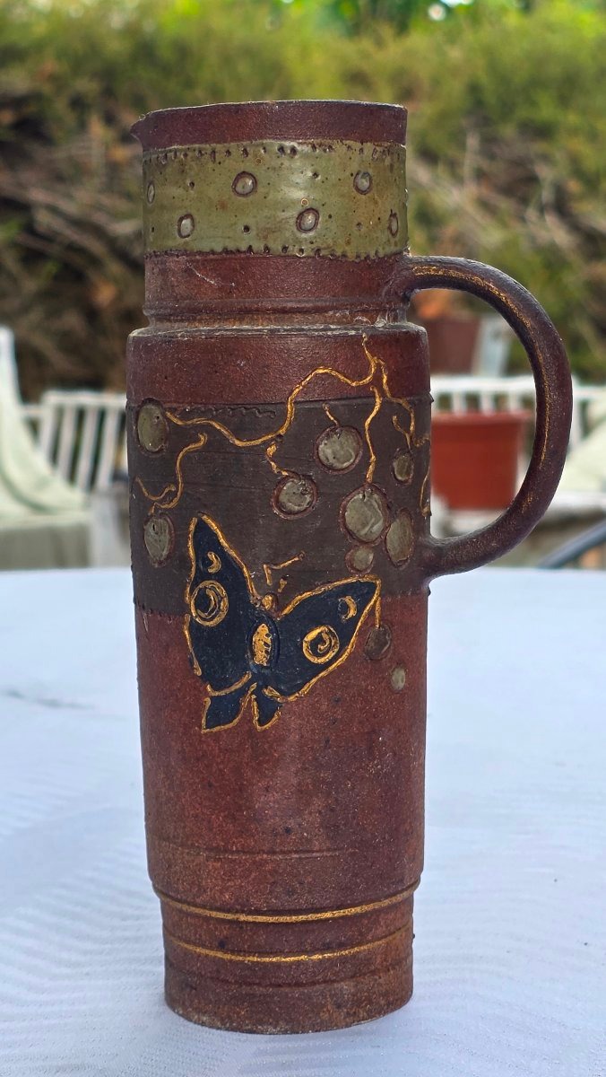 Ernest Chaplet: Glazed, Incised Stoneware Pitcher With Butterfly Design 